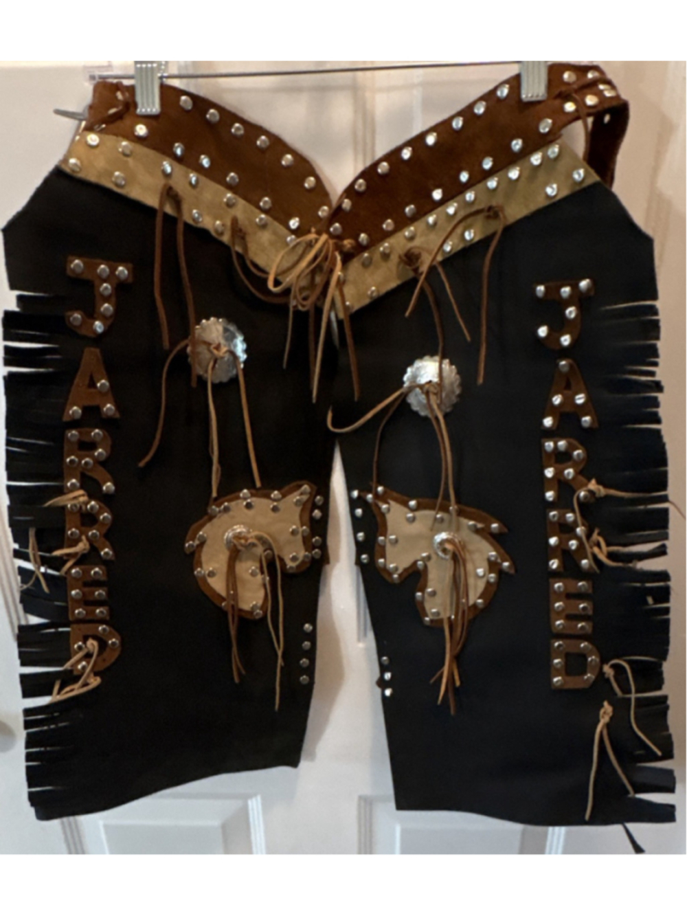 Bull Riding Leather Chaps Black Brown Studs Fringe Horse Motif 'JARRED' Adult
